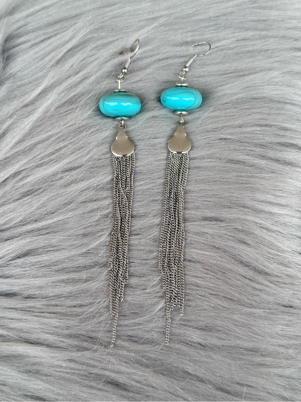 Western Boho Turquoise Stone with Silver Chain Dangle earrings. Cowgirl outfit